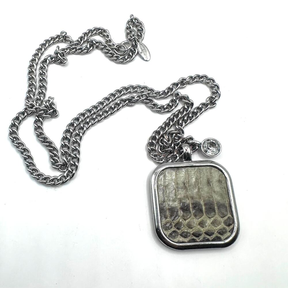Ann Taylor Snakeskin Square Pendant Necklace Western style 32" Long Boho Jewelry